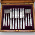 1906 British antique white mother-of-pearl handle, pure silver blade, dessert cutlery, 6 pairs, William Hutton, wooden box